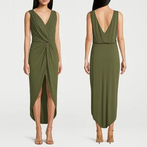 NUEVO CON ETIQUETAS MISA Los Angeles Leza Verde Oliva Cuello en V Torcido Frontal Maxi Vestido Talla S - Imagen 1 de 9