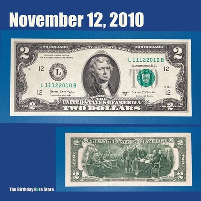 November 12, 2010 Birthday Anniversary $2 Two Dollar Bill Serial Number 11122010 - Image 1 of 2