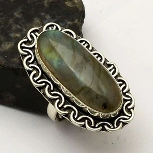 Labradorite Gemstone Ethnic Ring Jewelry Wedding Gift US Size-8.25 AR 51638 - Picture 1 of 1