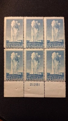 Scott #744, M/F/NH, #'d Plate block of 6, Blue, Yellowstone N.P., 5cent, p 11 - Image 1 of 2