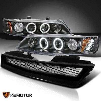Fits 1994-1997 Honda Accord Black LED Halo Projector Headlights+Mesh Grille Foto 1 de 4