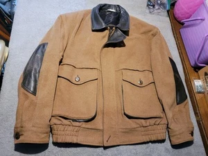 Vtg Jeno de Paris Wool Cashmere Jacket Mens 44 Brown Leather Trim Canada Bomber - Picture 1 of 15