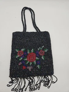 Süße kleine schwarze Perlen Handtasche Handtasche mit Blumenmuster & Perlen Fransen 8"×7" - Bild 1 von 6