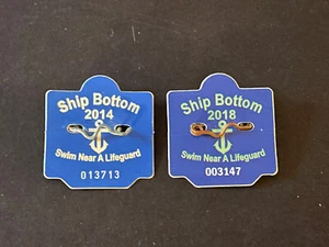 Vintage Ship Bottom LBI NJ ~ 2014 & 2018 Seasonal Beach Badges Tags - Imagen 1 de 5