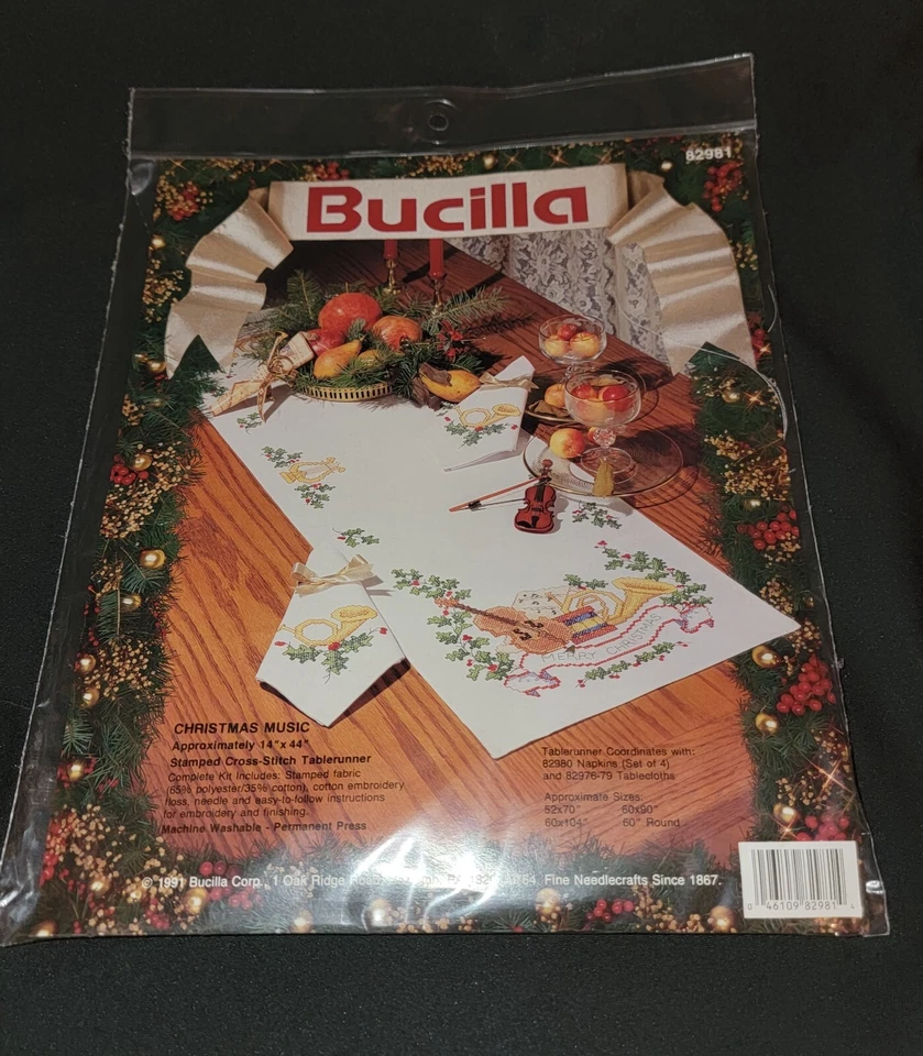 NEW Bucilla Christmas Music Table Runner 82981 Violin Holly Kit Grannycore 14x44 - Image 1 of 3