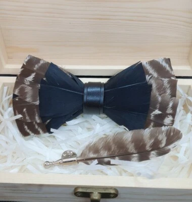 Luxury Bowtie Collection. Feather Bowtie And Lapel Pin In Wooden Gift Box - Image 1 of 4