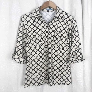 J. McLaughlin latticework blouse Catalina cloth 3/4 roll-tab sleeve button-down - Picture 1 of 8
