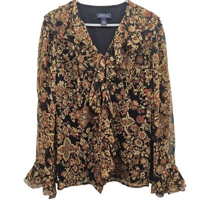 Jones New York Signature 100% Silk Floral Sheer Sleeve Ruffle Detail Blouse - Image 1 of 4
