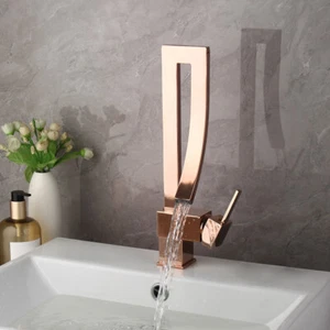 Grifo mezclador de 1 orificio de lavabo montado en la cubierta con lavabo montado en oro rosa - Imagen 1 de 11