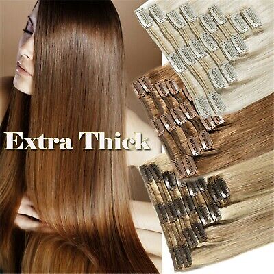 Double Weft Thick CLEARANCE Clip In 100%Real Remy Human Hair Extension Full Head • 254.52€