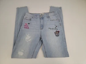 Jordache Girls Size 18 Skinny Blue Jeans Frayed hem Graffiti All Over Print - Picture 1 of 15
