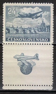 Avión Checoslovaquia 1946 MNH Mi 492Zf Sc C24 sobre Puente de Carlos, Praga ** Foto 1 de 2