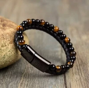 Herren Flechtarmband Natur Obsidian Tigerauge Stein Armband Armreif Schmuck - Bild 1 von 9
