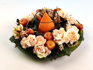 Tischdekoration Arrangement herbstlicher Rosenkranz Kerzenglas Fiberglasschale - Bild 1 von 2