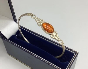 Vintage Amber in Celtic Love Knot Setting Solid Silver Bangle Valentine Birthday - Picture 1 of 9