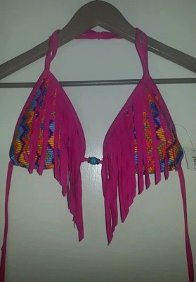 FOREVER 21 女式泳装流苏比基尼上衣热粉色/多色雪佛龙 L 码全新 — 第 1/4 张图片