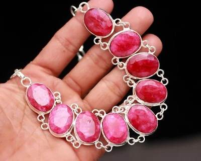 Ruby Lab Created Gemstone 925 Sterling Silver Handmade Bridal Necklace 18" - Image 1 of 4
