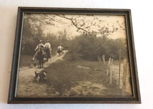 Vintage Framed Original B&W Photo Horseback Riders with Dog on Trail - Picture 1 of 8