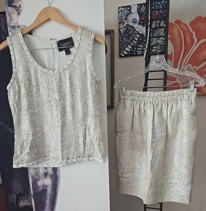 ST JOHN Couture Textured Metallic Scoop Neck Shell & Pencil Skirt Set 4/8 JT01 - Picture 1 of 12