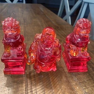 Buddha and Two For Dog Statues Red Translucent Resin Approx 4” - Picture 1 of 10