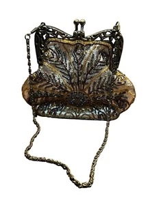 Vintage Beaded Old Gold and Brown Evening Formal Kiss Lock Bag, Brass, Beads EUC - Picture 1 of 7