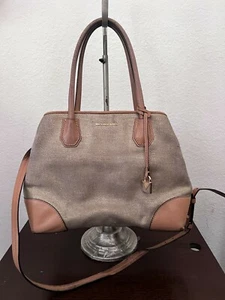 Michael Kors Camel Tan Leather Gold Canvas AC-1809 H1B Satchel Bag Purse - Picture 1 of 12