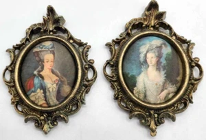 Mini Victorian Queen Marie Antoinette Metal Frame Silk Portrait Lot (2) - Picture 1 of 11