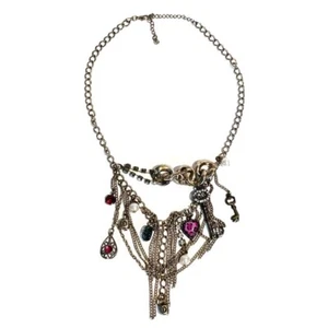 Betsey Johnson Gold Statement Necklace Rhinestones Key Pink Heart Dangle Layered - Picture 1 of 8