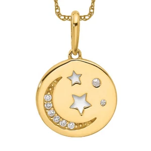 14K Solid Yellow Gold CZ Moon Stars Necklace - Picture 1 of 12