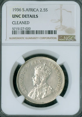 1936 SOUTH AFRICA SILVER 2.5 SHILLINGS NGC MS60 PQ CLEANED RARE  * - Image 1 of 2