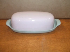 vintage butter dish pink and gray marked usa on bottom ceramic - Picture 1 of 6