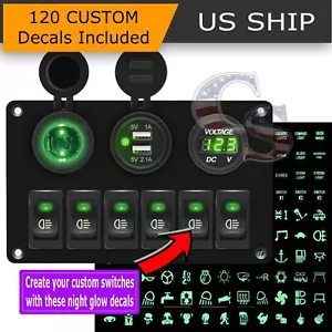 12V Green LED 6 Gang On/Off Rocker Switch Panel Car Truck Boat Marine Inline Box - Picture 1 of 12