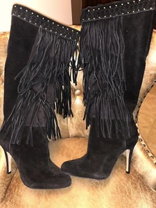 Wunderschöne International Concepts schwarze Wildleder Leder hohe Fransen Stiefel neu 7M - Bild 1 von 5
