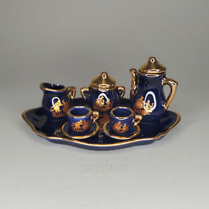 Vintage Limoges France Miniature Cobalt Blue & Gold Courtship Proposal Tea Set