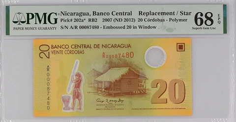 Nicaragua 20 Cordobas 2007/2012 P 202 a Replacement Superb Gem UNC PMG 68 EPQ Cover