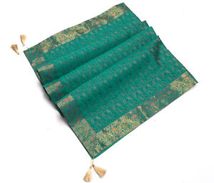 Teal Green Indian Banarasi Silk Brocade Paisley Table Runner Dining Decor Cloth