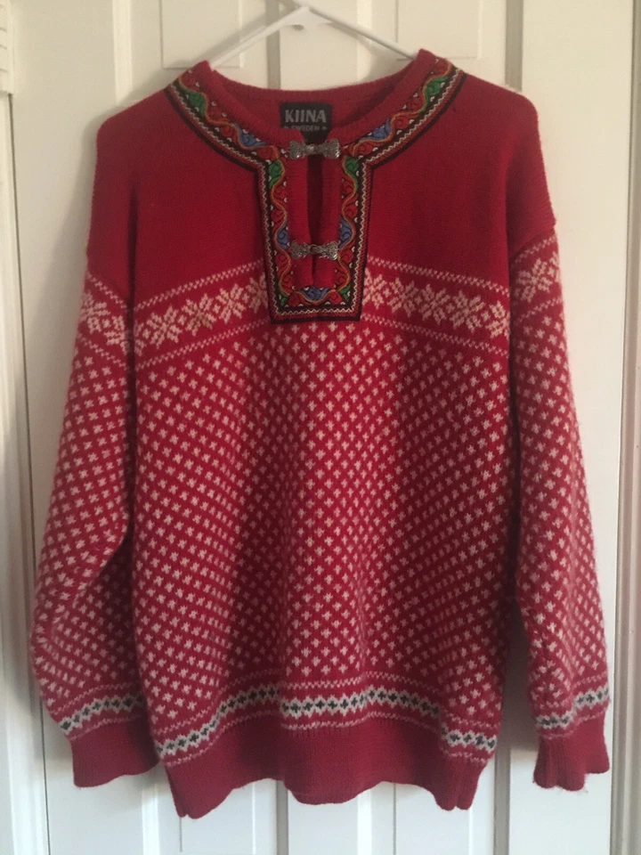 Suéter KIINA SWEDEN Rojo Lana Vintage S Fit M L Unisex Fair Isle Peltre Nórdico Foto 1 de 4