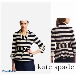 Kate Spade Double Breasted Jacket Pleats Bow in Back Blue and White Stripes Belt - Picture 1 of 6