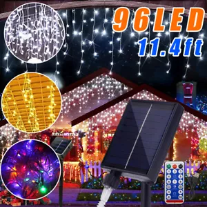 Outdoor Solar 96 LED Hanging Icicle Curtain String Lights Xmas Party Remote Lamp - Picture 1 of 20
