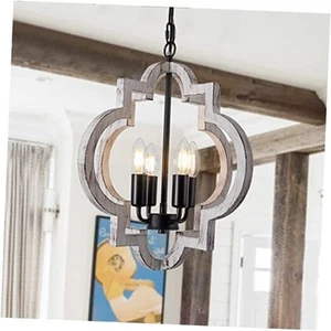 Farmhouse Chandelier 4-Light Orb Rustic Wood Lantern Pendant Light Vintage  - Picture 1 of 8