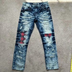 Born Fly Men’s Distressed Patchwork Jeans Size 32 | RN 138140 | Red Plaid Detail - Picture 1 of 12