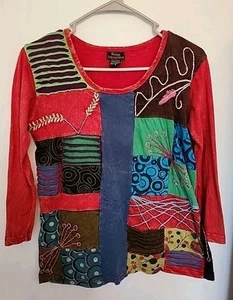 Women's Patchwork Top Small Multi-color 100% Cotton Boho Festival Hippie Vibes - Picture 1 of 5