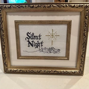 Finished Cross Stitch Piece Silent Night Matted and Framed In Gold 12’x10’ Frame - Picture 1 of 4