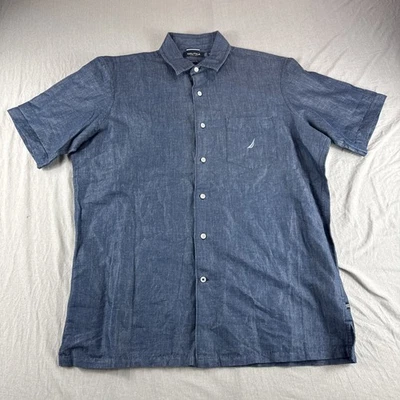 Nautica Classic Fit Shirt Men M Blue Short Sleeve Ramie Button Up Preppy Coastal - Image 1 of 4