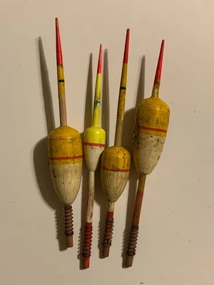 4 - Vintage Wooden Fishing Bobber 6”  Yellow/Red/White All Original - Bobbers - Image 1 of 2