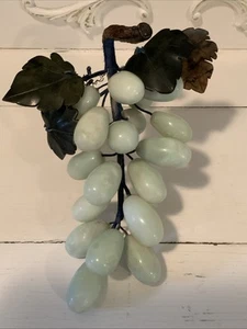 Natural Carved Jadeite Jade Stone Grape Cluster w/dark Agate leaves Vintage MCM - Picture 1 of 10
