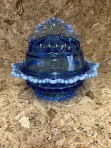 Westmoreland Opalescent Blue Glass Covered Bowl Petal Lace Edge Vintage EUC - Picture 1 of 9
