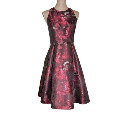 Eliza J Halter Dress Women's 4 Burgundy Black Jacquard Fit & Flare Holiday Party - Image 1 of 4