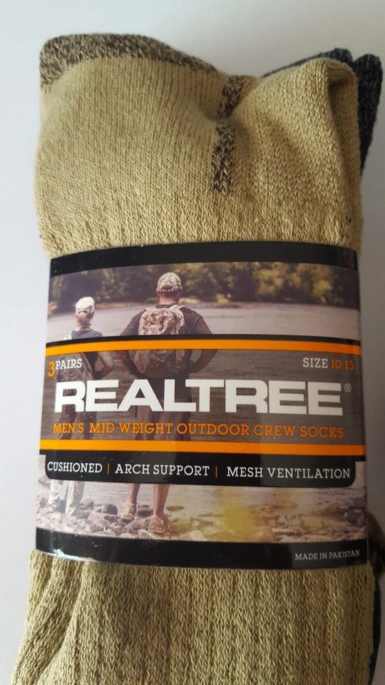 Realtree Men's Mid-Weight Outdoor Crew Socks 3-PR Sz 10-13 Tan/Brw/Blk