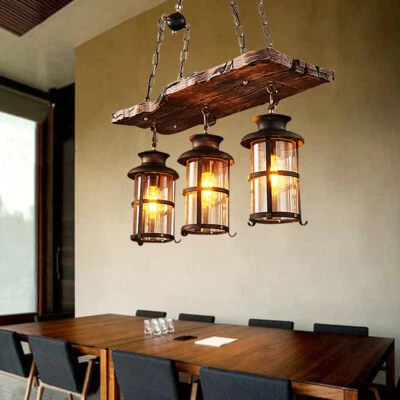 Rustic Wood 3 Heads Chandelier Industrial Ceiling Lamp Pendant Light Hanging - Image 1 of 4